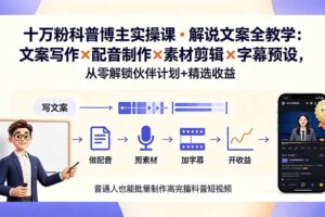 10万粉科普博主实操课-解说文案全教学：文案写作×配音制作×素材剪辑×字幕预设，从零解锁伙伴计划+精选收益