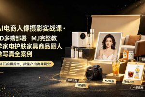 AI电商人像摄影实战课·SD多端部署｜MJ完整教学｜家电护肤家具商品图人像写真全案例