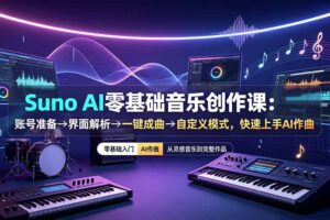 Suno AI零基础音乐创作课：账号准备→界面解析→一键成曲→自定义模式，快速上手AI作曲