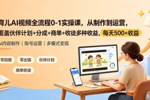 育儿AI视频全流程0-1实操课，从制作到运营，覆盖伙伴计划+分成+商单+收徒多种收益，每天500+收益