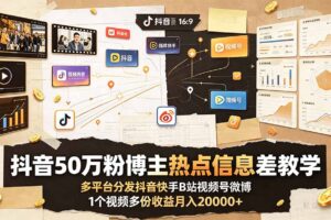 抖音50万粉博主热点信息差教学：多平台分发抖音快手B站视频号微博，1个视频多份收益月入20000+