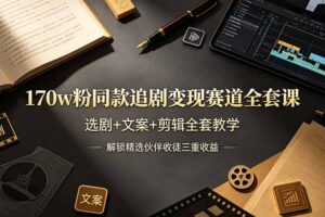 170w粉博主同款追剧变现赛道全套课，选剧+文案+剪辑全套教学，解锁精选伙伴收徒三重收益