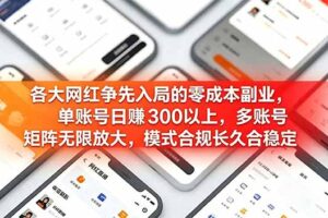 各大网红争先入局的零成本副业，单账号日赚 300 以上，多号矩阵可放大，模式合规长久稳定！