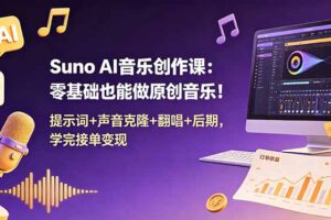 Suno AI音乐创作课：零基础也能做原创音乐！提示词+声音克隆+翻唱+后期，学完接单变现