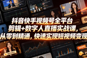 抖音快手视频号全平台剪辑+数字人直播实战课，从零到精通，快速实现短视频变现(更新2026年6月)