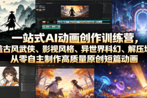 一站式AI动画创作训练营，涵盖古风武侠、影视风格、异世界科幻、解压场景，从零自主制作高质量原创短篇动画
