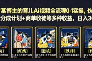 抖音某博主的育儿Ai视频全流程0-1实操，伙伴计划+分成计划+商单收徒等多种收益，日入300+