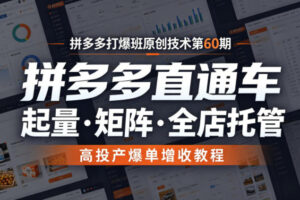 拼多多打爆班原创技术第60期，拼多多直通车，起量・矩阵・全店托管，高投产爆单增收教程
