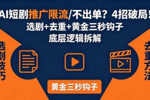 AI短剧推广总被限流、不出单？4招选剧+去重技巧+黄金三秒钩子，手把手拆解底层逻辑