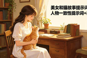 美女和猫故事提示词，人物一致性提示词+故事板