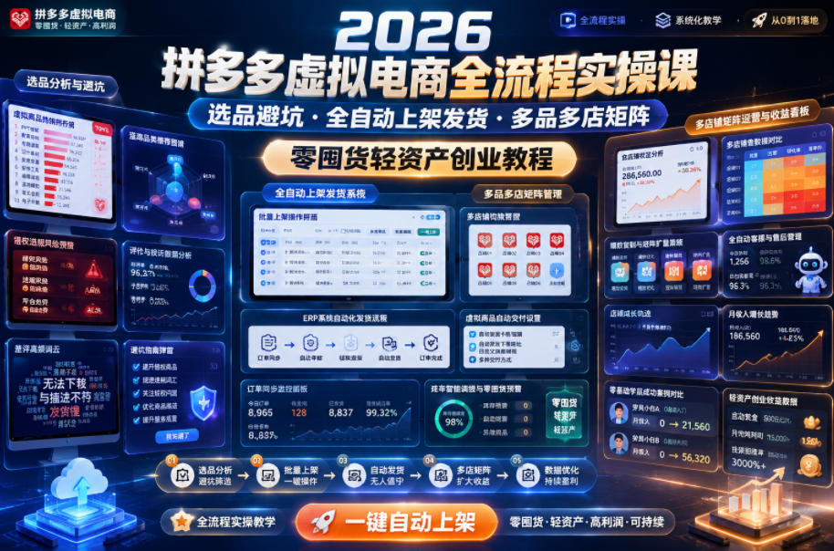 2026拼多多虚拟电商全流程实操课，选品避坑・全自动上架发货・多品多店矩阵，零囤货轻资产创业教程