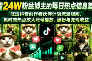 抖音24W粉丝博主的每日热点信息差教学，吃透创作者伙伴计划流量规则，抓时效热点放大账号播放、涨粉与变现收益