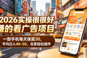 2026实操很好賺的看广告项目，一部手机每天保底30，平均日入40-50，在家轻松操作【揭秘】