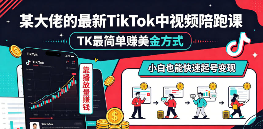 某大佬的最新TikTok中视频陪跑课，TK最简单賺美金方式，靠播放量賺钱，小白也能快速起号变现