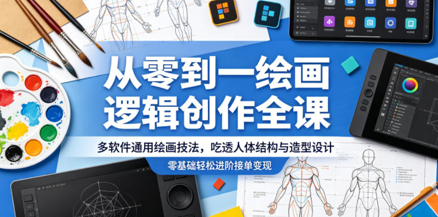 从零到一绘画逻辑创作全课，多软件通用绘画技法，吃透人体结构与造型设计，零基础轻松进阶接单变现