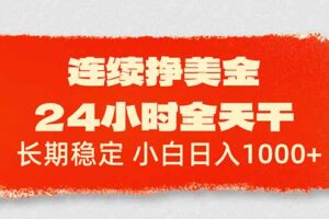 连续挣美金，24小时全天干，长期稳定，小白日入1000+