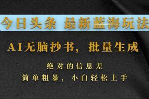 今日头条2026最新蓝海玩法，AI无脑抄书，批量生成，绝对的信息差，简单粗暴，小白轻松上手