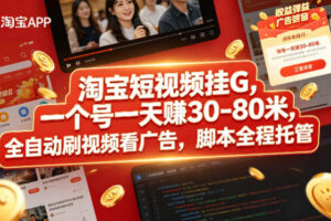 淘宝短视频挂G，一个号一天 賺30-80米，全自动刷视频看广告，脚本全程托管【揭秘】