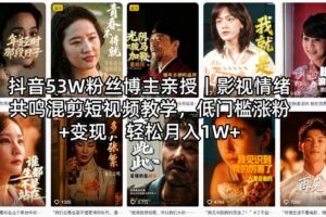 抖音53W粉丝博主亲授｜影视情绪共鸣混剪短视频教学，低门槛涨粉+变现，轻松月入1W+