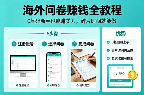 海外问卷賺钱全教程，0基础新手也能賺美刀，碎片时间就能做
