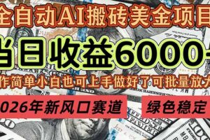 2026年新风口赛道，当日6000+以上，可批量放大，月收入20万+，长期绿色稳定的项目