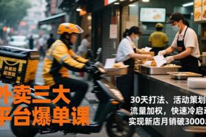 外卖三大平台爆单课，30天打法、活动策划、流量加权，快速冷启动，实现新店月销破3000单