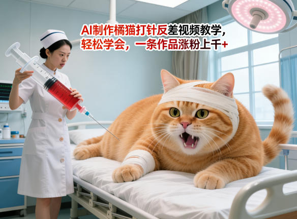 AI制作橘猫打针反差视频教学，轻松学会，一条作品涨粉上千+