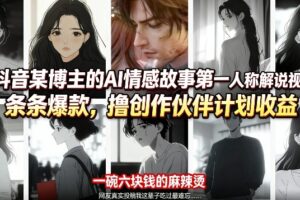 抖音某博主的AI情感故事第一人称解说视频教学，条条爆款，撸创作伙伴计划收益