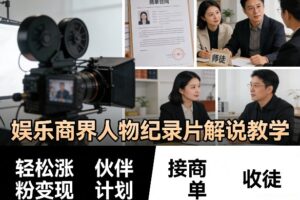 娱乐商界人物纪录片解说教学，轻松涨粉变现，伙伴计划，接商单，收徒等