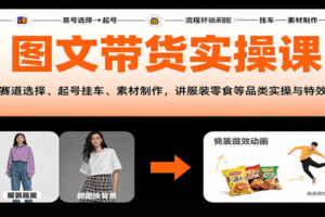 图文带货实操课，含赛道选择、起号挂车、素材制作，讲服装零食等品类实操与特效技巧