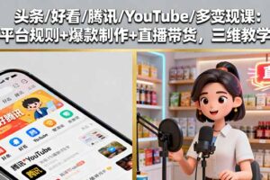 头条/好看/腾讯/YouTube/多变现课：平台规则+爆款制作+直播带货，三维教学