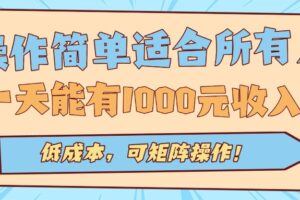 操作简单适合所有人全自动挂机项目，一天能有1000元收入，低成本，可矩…