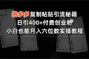 拼多多复制粘贴引流秘籍，日引400+付费创业粉，小白也能月入六位数实操…