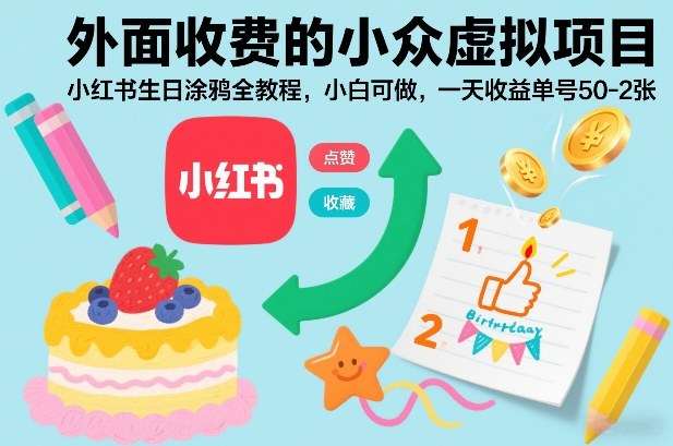 外面收费的小众虚拟项目，小红书生日涂鸦全教程，小白可做，一天收益单号50-2张