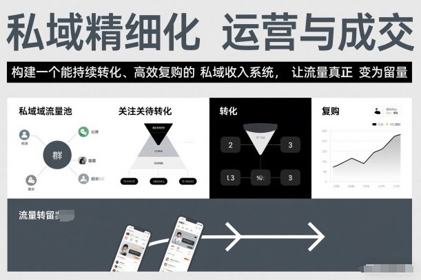 私域精细化运营与成交，构建一个能持续转化、高效复购的私域收入系统，让流量真正变为留量