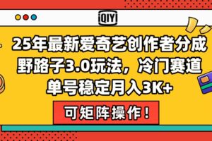 25年最新爱奇艺创作者分成野路子3.0玩法，冷门赛道，单号稳定月入3K+，…