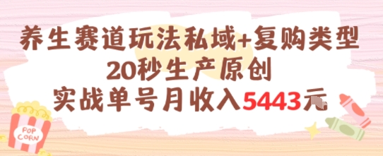 养生赛道玩法私域+复购类型，20秒生产原创实战单号月收入5k+