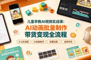儿童早教AI视频实战课：0-6岁认知选题｜AI动画批量制作｜权重流量拉升｜宝妈账号带货变现全流程