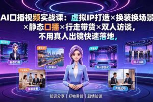 AI口播视频实战课：虚拟IP打造×换装换场景×静态口播×行走带货×双人访谈，不用真人出镜快速落地