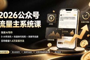 2026公众号流量主系统课：独家AI写作×0-AI率润色×批量做号隔离×高爆率选题，日均收益1.6万实操方法