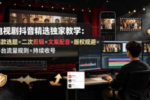 电视剧抖音精选独家教学：爆款选题×二次剪辑×文案配音×版权规避×平台流量规则×持续收益账号