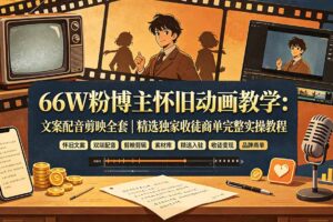 66W粉博主怀旧动画教学：文案配音剪映全套｜精选独家收徒商单完整实操教程