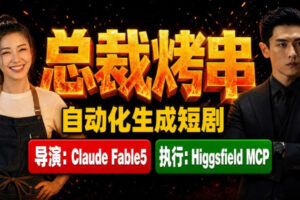 Claude Fable5担任导演+Higgsfield MCP落地执行｜《总裁烤串》真人质感短剧全自动AI生成全流程教学