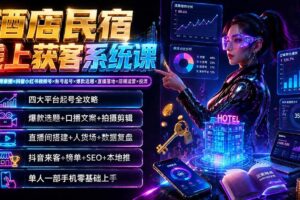 酒店民宿线上获客系统课：6年讲师亲授×抖音小红书视频号×账号起号×爆款选题×直播落地×店铺运营×投流