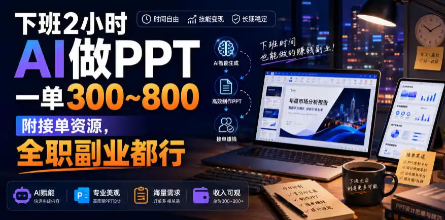 下班2小时AI做PPT，一单300~800，附接单资源，全职副业都行【揭秘】