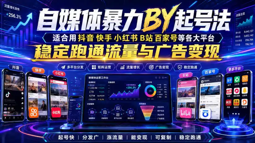 自媒体暴力搬运起号法，适合用抖音快手小红书B站百家号等各大平台，稳定跑通流量与广告变现