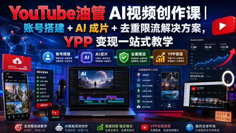 YouTube油管AI视频创作课｜账号搭建+AI成片+去重限流解决方案，YPP变现一站式教学