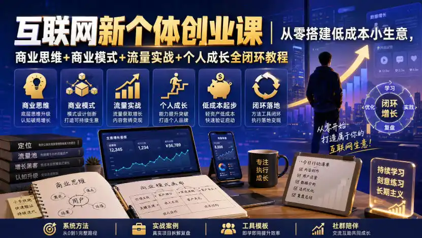 互联网新个体创业课｜从零搭建低成本小生意，商业思维+商业模式+流量实战+个人成长全闭环教程