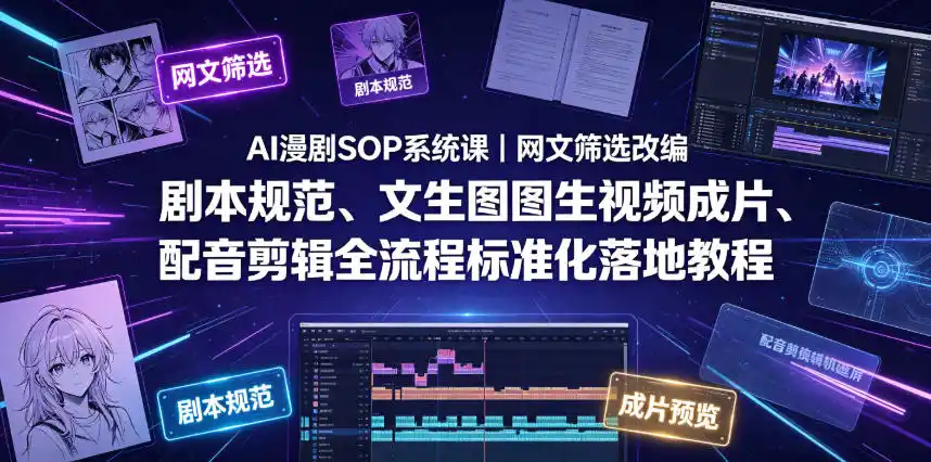 AI漫剧SOP系统课｜网文筛选改编、剧本规范、文生图图生视频成片、配音剪辑全流程标准化落地教程(更新0810)