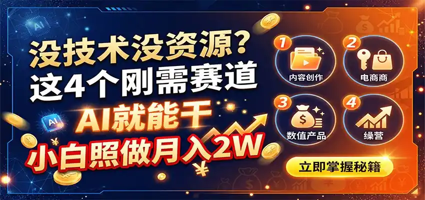 没技术没资源?这4个刚需赛道,AI就能干,小白照做月入2W